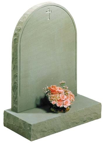 RL302 - A blasted line and classic cross on a Half Norman round top shown here with rustic edges special in any type of stone. Lawn Memorial, Headstone