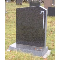 PJ13 - Off set peon in Dark grey granite shown here with a shepherds crook. Lawn Memorial, Headstone