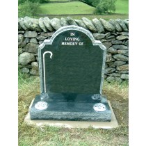PJ36 - This hand carved dark grey granite memorial with a distinctive shape complimented here with the shepherds crook.  Bespoke Headstones, Lawn Memorials