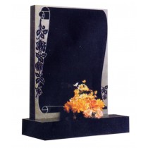 RL156G - Classic scroll design on a black granite square top and rose design. Lawn Memorial, Headstone