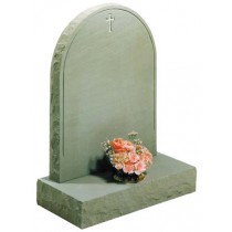 RL302 - A blasted line and classic cross on a Half Norman round top shown here with rustic edges special in any type of stone. Lawn Memorial, Headstone