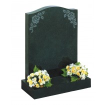 RL404 - Dark grey granite o-gee top with flower designs can be highlighted or painted. Lawn Memorial, Headstone