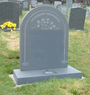 PJ09 - Lakeland blue slate with a hand carved design this time showing entwined ivy designed to your specification with our advice.  Bespoke Headstones, Lawn Memorials