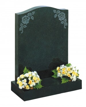 RL404 - Dark grey granite o-gee top with flower designs can be highlighted or painted. Lawn Memorial, Headstone